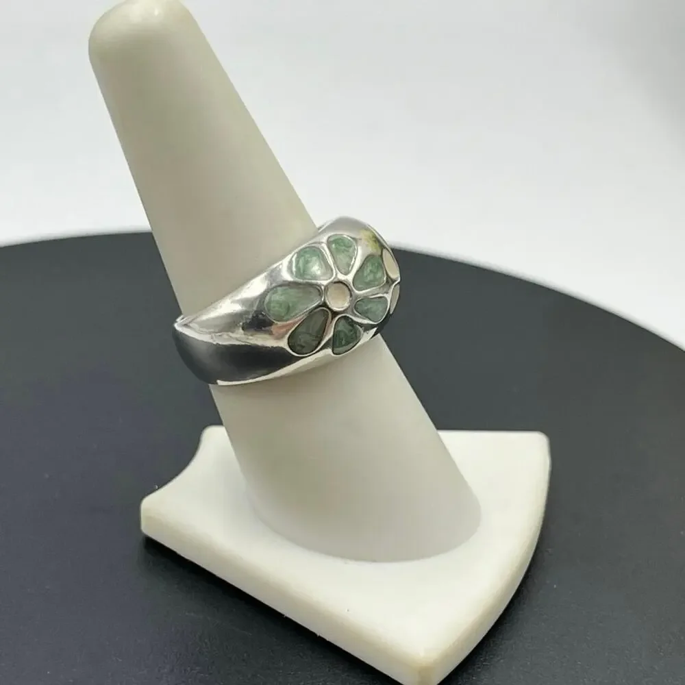 Chateau D'Argent C^A Sterling‎ Green Cream Enamel Petal Flower Dome Ring sz 8.25